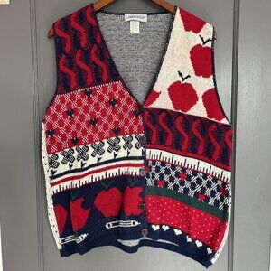 Vintage Teacher Sweater Vest USA Cotton Women's XL Cabin Creek Patchwork Apples
